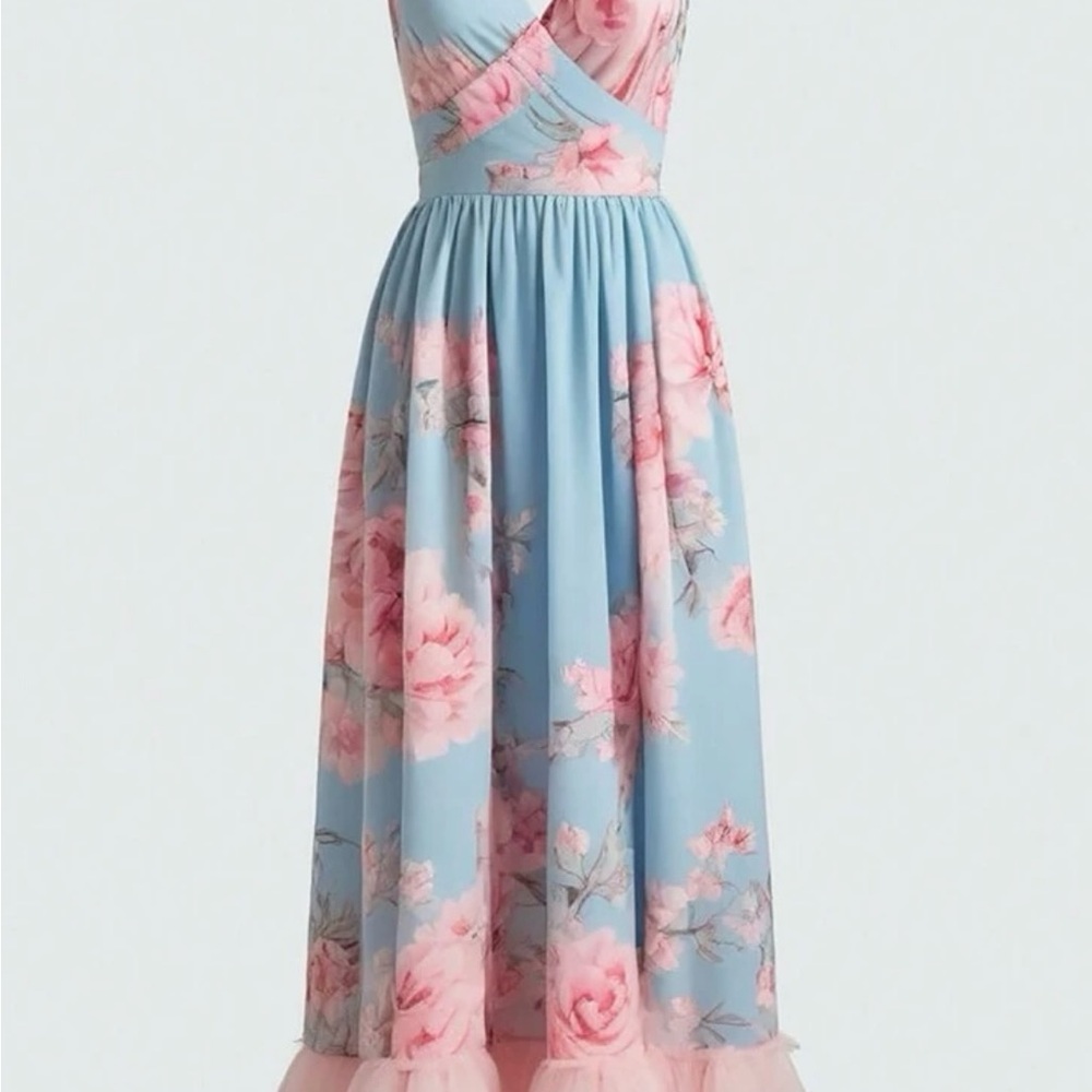 SHEIN Blue Maxi Dress with Pink Floral Print